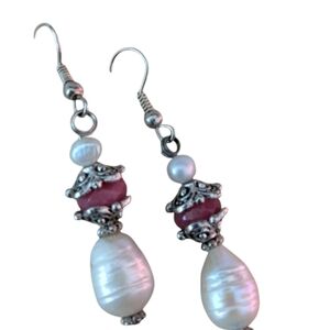 Elegant Pearl and Red Bead Earrings